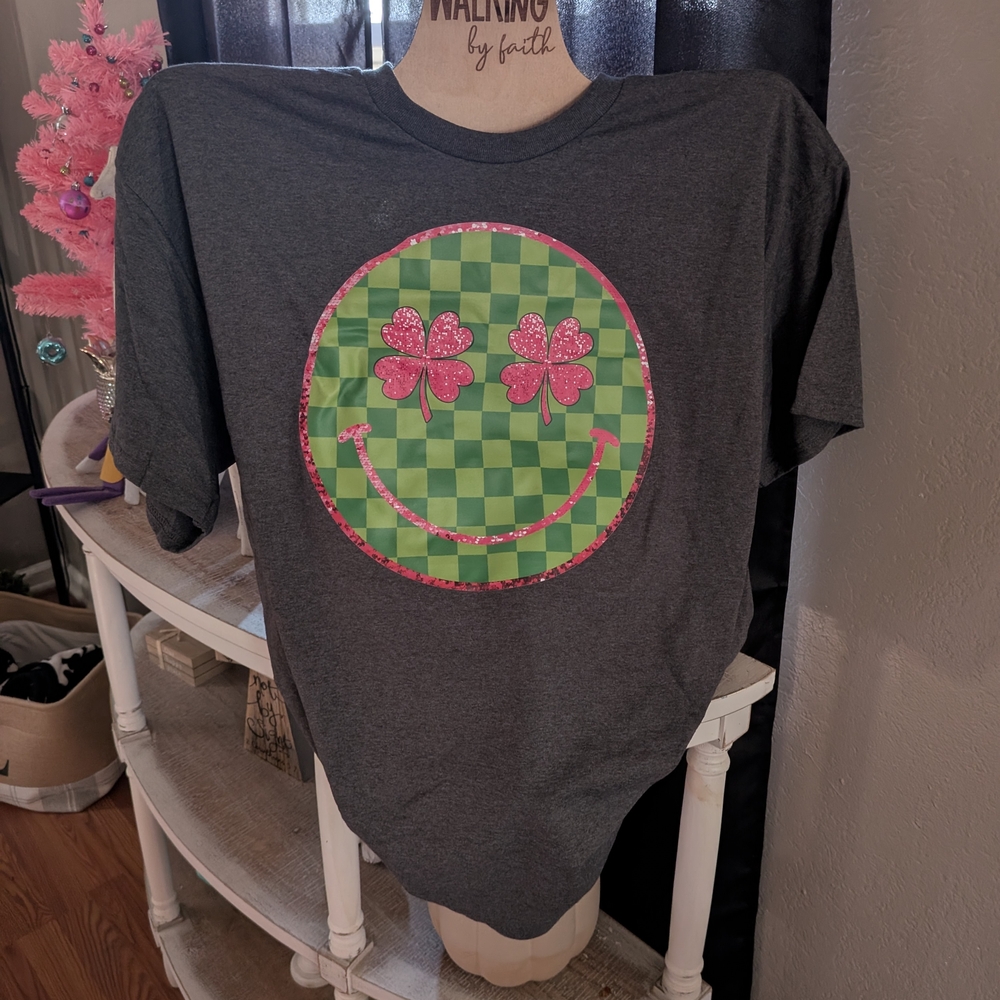 Gildan Charcoal Tee with Green and Pink Smiley Design